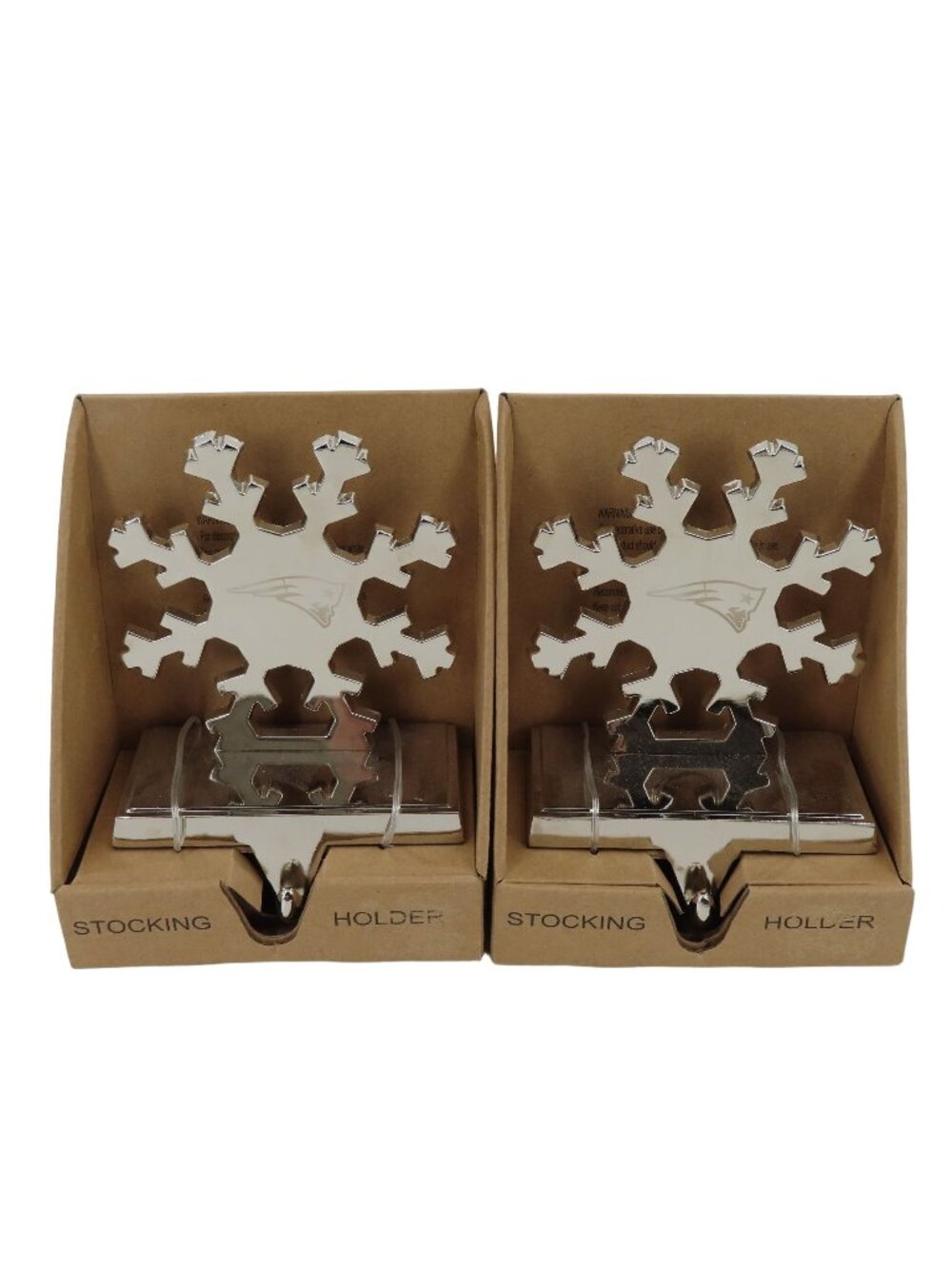 New England Patriots Pair of 2 Silver Snowflake Christmas Stocking Holders NEW